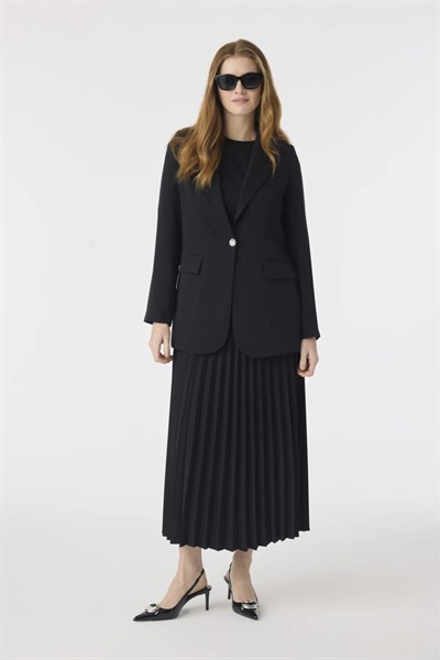 Kruvaze Yaka Tek Düğmeli Siyah Ceket 0070