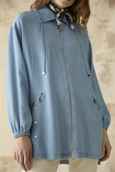 Fermuar Detaylı Mavi Denim Ceket C-0181