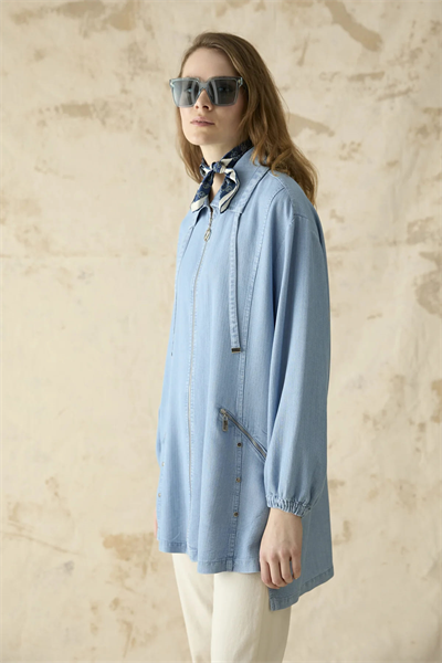 Fermuar Detaylı Mavi Denim Ceket C-0181