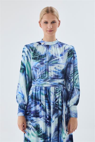 Desenli Kuşak Detaylı Mavi Uzun Elbise 0455