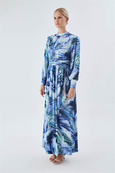 Desenli Kuşak Detaylı Mavi Uzun Elbise 0455