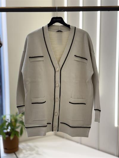 Düğme Detaylı Bej Triko Hırka 3086