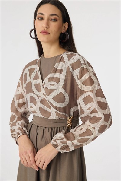 Bej Desenli Uzun Elbise 0573