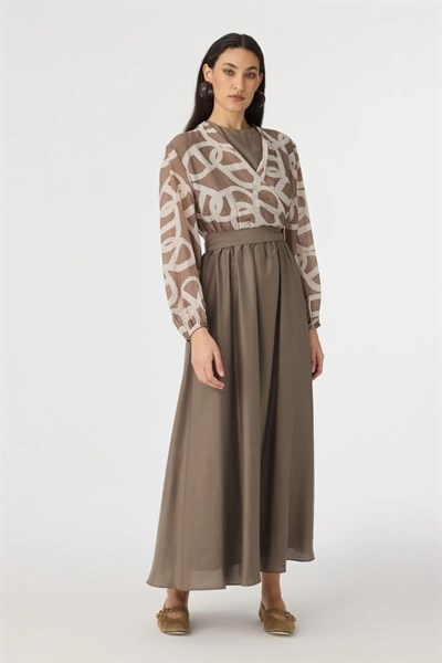 Bej Desenli Uzun Elbise 0573