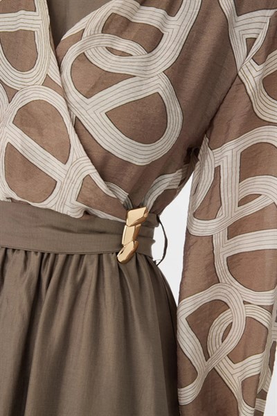 Bej Desenli Uzun Elbise 0573