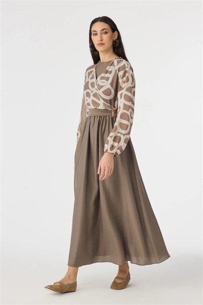 Bej Desenli Uzun Elbise 0573
