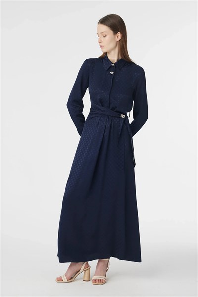Gömlek Yaka Kuşaklı Desenli Lacivert Elbise 0596