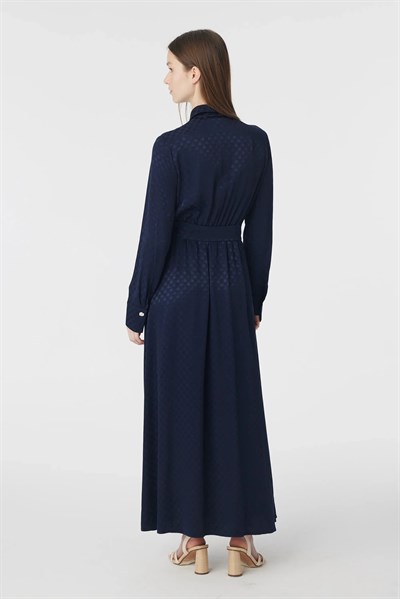 Gömlek Yaka Kuşaklı Desenli Lacivert Elbise 0596