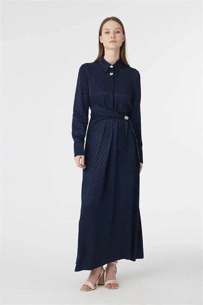 Gömlek Yaka Kuşaklı Desenli Lacivert Elbise 0596