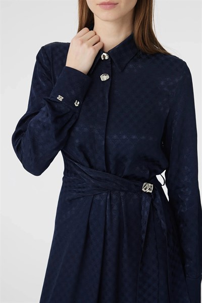 Gömlek Yaka Kuşaklı Desenli Lacivert Elbise 0596