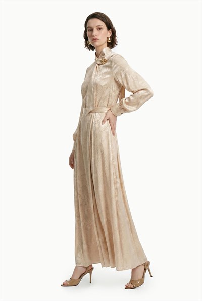 Fular Detaylı Kuşaklı Saten Bej Elbise 0601
