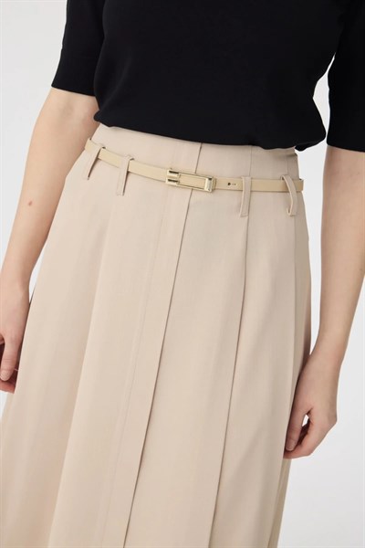 Kemerli Pileli Uzun Bej Etek 0212