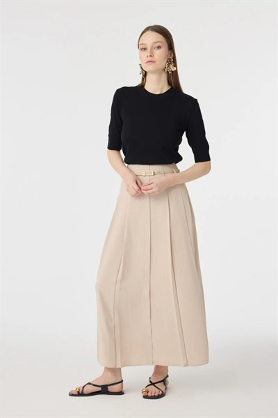 Kemerli Pileli Uzun Bej Etek 0212