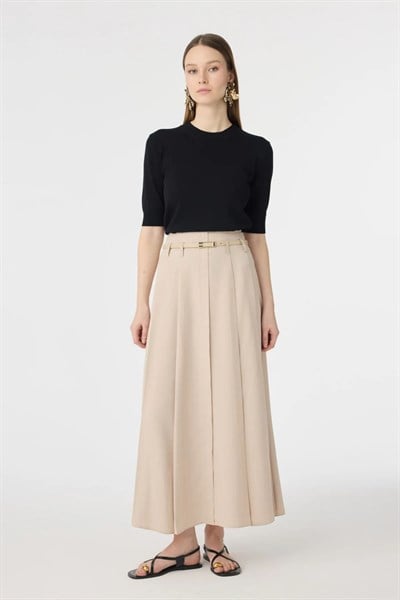 Kemerli Pileli Uzun Bej Etek 0212
