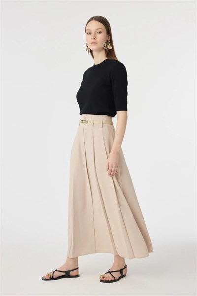 Kemerli Pileli Uzun Bej Etek 0212