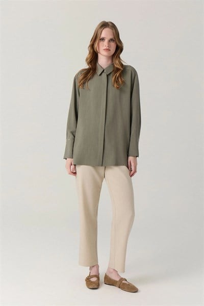 Klasik Yaka Düğmeli Uzun Tunik Haki Gömlek 0131
