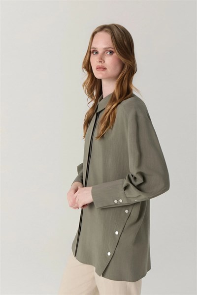 Klasik Yaka Düğmeli Uzun Tunik Haki Gömlek 0131