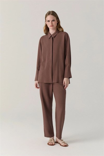 Klasik Yaka Düğmeli Uzun Tunik Kahve Gömlek 0131
