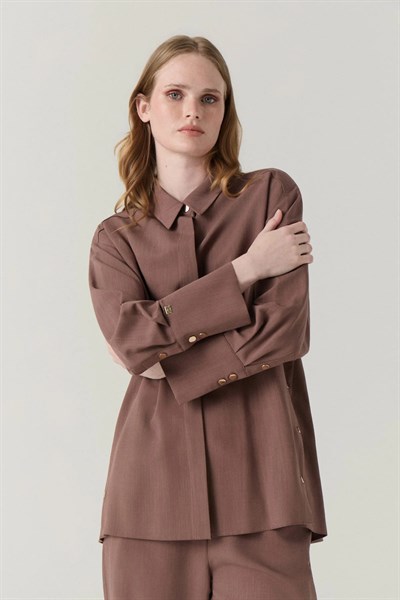 Klasik Yaka Düğmeli Uzun Tunik Kahve Gömlek 0131