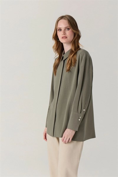 Klasik Yaka Düğmeli Uzun Tunik Haki Gömlek 0131