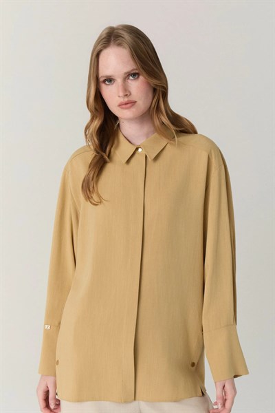 Klasik Yaka Düğmeli Uzun Tunik Hardal Gömlek 0131