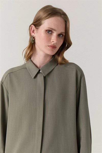 Klasik Yaka Düğmeli Uzun Tunik Haki Gömlek 0131