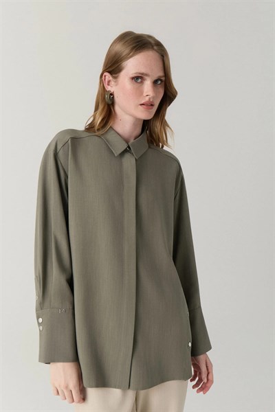 Klasik Yaka Düğmeli Uzun Tunik Haki Gömlek 0131