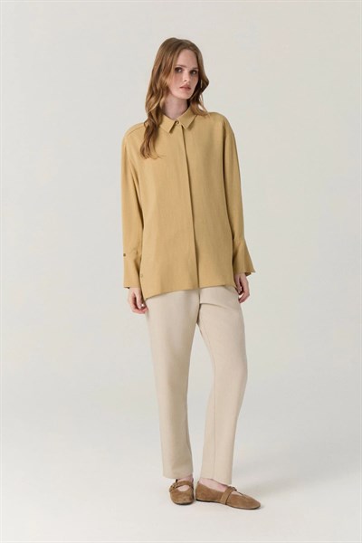 Klasik Yaka Düğmeli Uzun Tunik Hardal Gömlek 0131