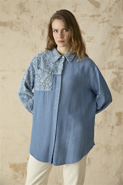 Dantel Detaylı Denim Gömlek Mavi 0133