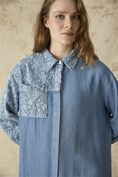 Dantel Detaylı Denim Gömlek Mavi 0133