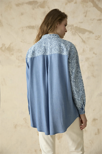 Dantel Detaylı Denim Gömlek Mavi 0133