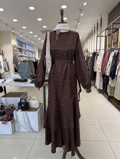 Jakar Desenli Eteği Valonlu Elbise Bordo 1693