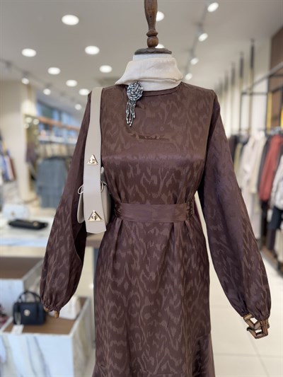 Jakar Desenli Eteği Valonlu Elbise Bordo 1693