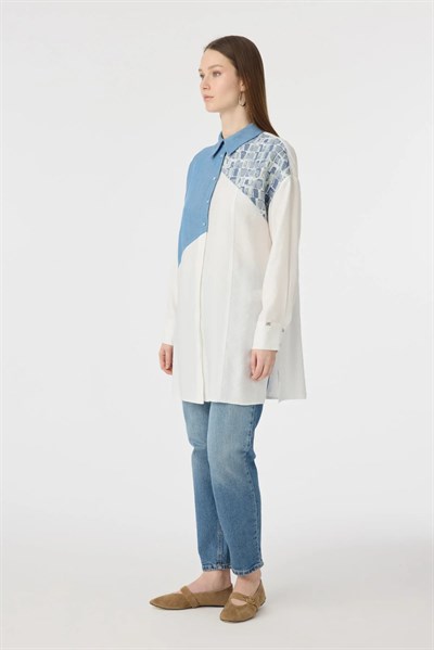 Asimetrik Parçalı Desen Detaylı Ekru Tunik 1634