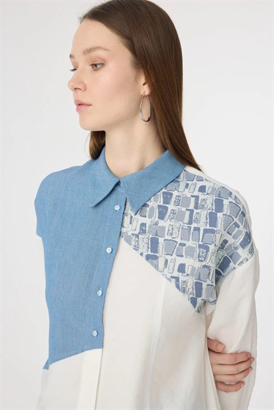 Asimetrik Parçalı Desen Detaylı Ekru Tunik 1634