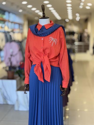 Krep Kumaş İndigo Piliseli Etek 8940