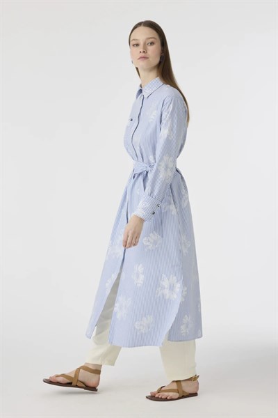 Kuşaklı Desen Detaylı Mavi Tunik 1616