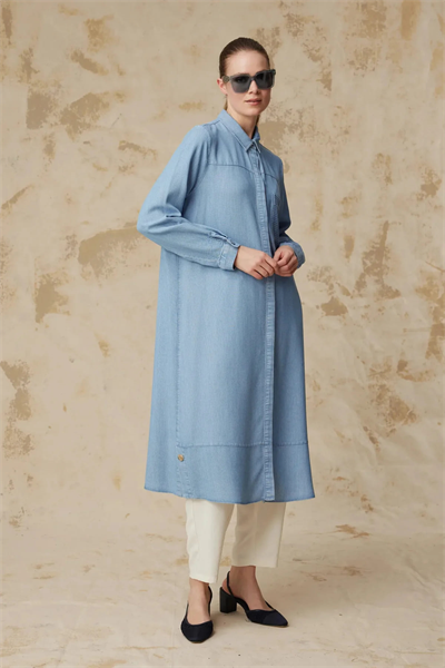 Minimal Cepli Uzun Kesim Klasik Yaka Mavi Tunik 1626
