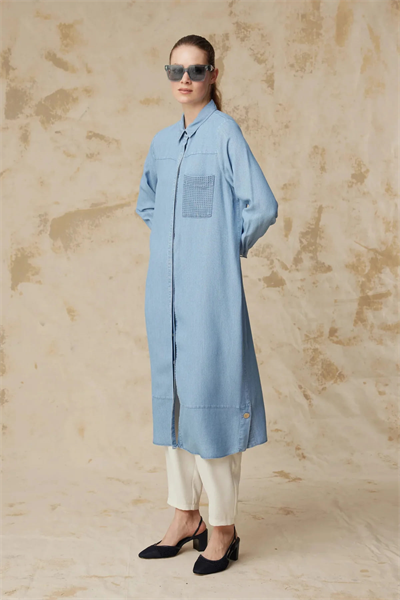 Minimal Cepli Uzun Kesim Klasik Yaka Mavi Tunik 1626