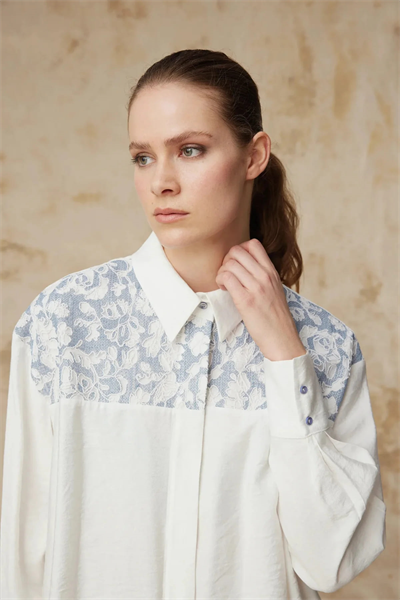 Dantel Garnili Klasik Yaka Detaylı Ekru Tunik 1637