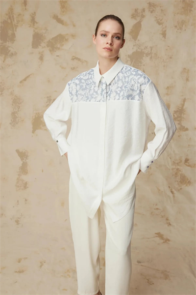 Dantel Garnili Klasik Yaka Detaylı Ekru Tunik 1637