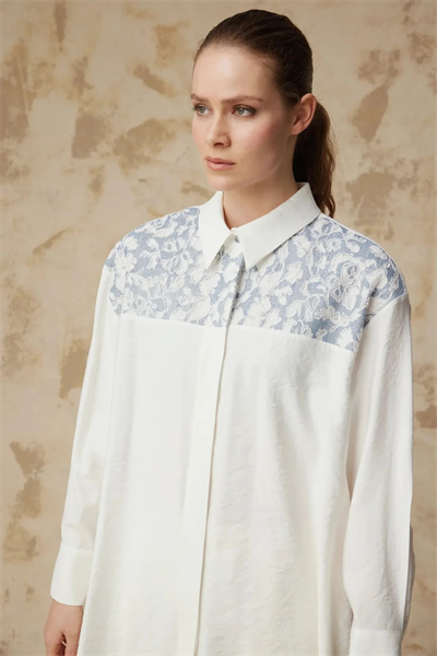 Dantel Garnili Klasik Yaka Detaylı Ekru Tunik 1637