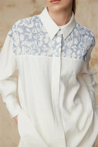 Dantel Garnili Klasik Yaka Detaylı Ekru Tunik 1637