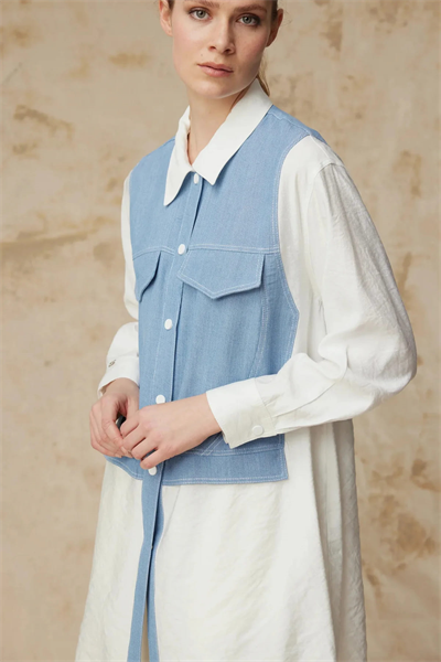 Kontrast Detaylı Çift Cepli Uzun Form Mavi Tunik 1644