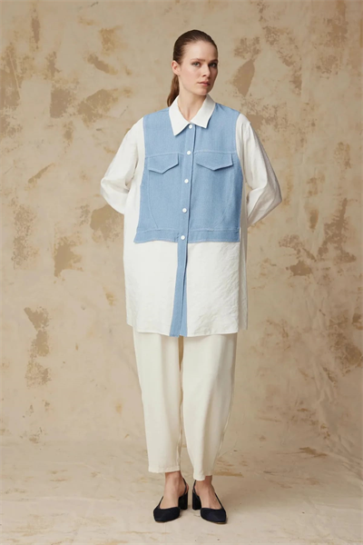 Kontrast Detaylı Çift Cepli Uzun Form Mavi Tunik 1644