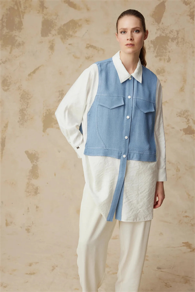 Kontrast Detaylı Çift Cepli Uzun Form Mavi Tunik 1644