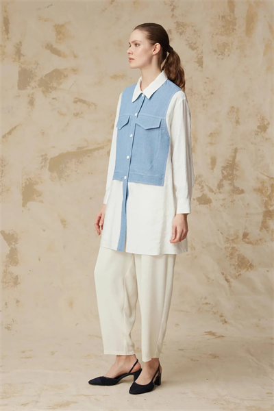 Kontrast Detaylı Çift Cepli Uzun Form Mavi Tunik 1644