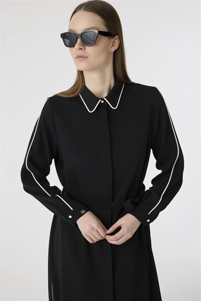 Şerit Detaylı Uzun Siyah Tunik 1646