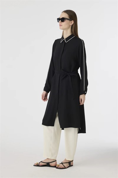 Şerit Detaylı Uzun Siyah Tunik 1646