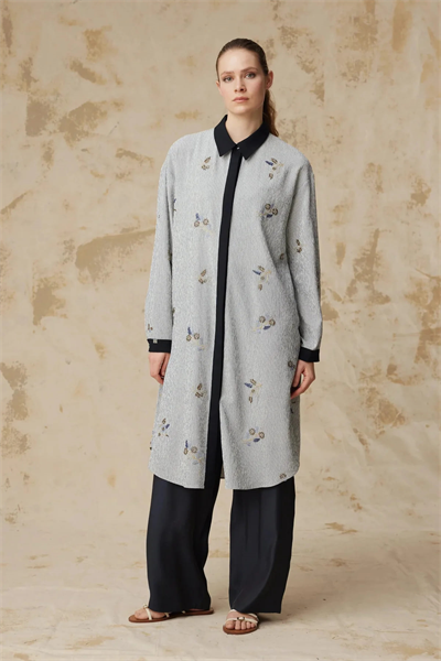 Çizgili Nakışlı Kontrast Yaka Lacivert Tunik 1652